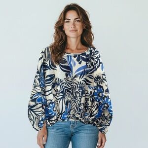 Bryn Walker Gianna Azzura boat neck long sleeve pullover floral shirt XL NWT USA